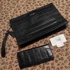 🐷 Coach Men’s Structured Black Croc-Embossed Leather Pouch and Card Case Set